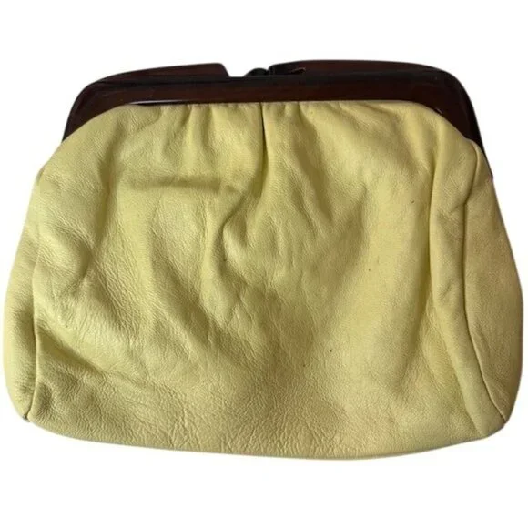 Vintage Yellow Leather Clutch Purse With Wooden Frame Made In Italy - Picture 3 of 6